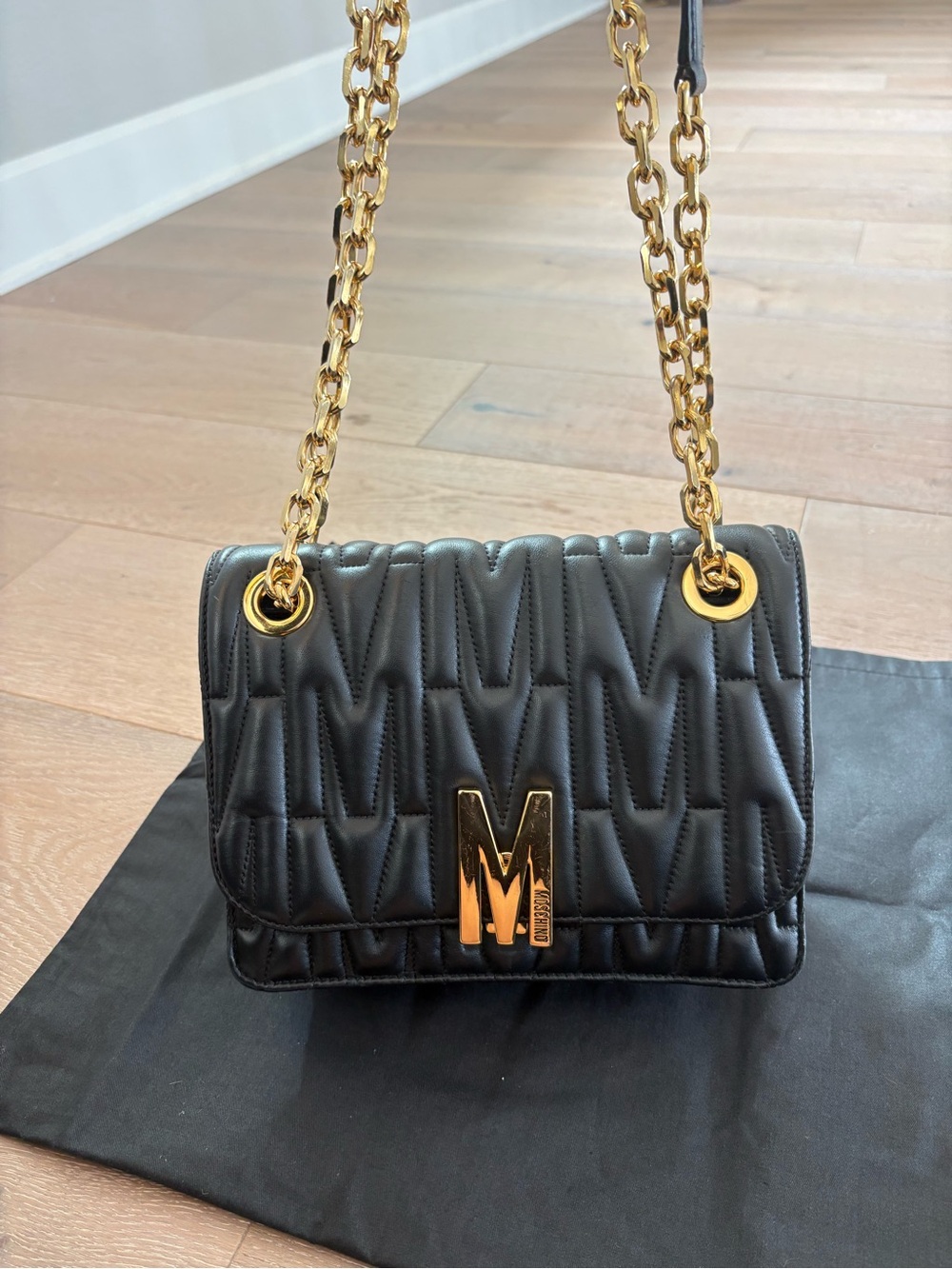 Moschino Black Quilted M-Logo Chain Shoulder Bag